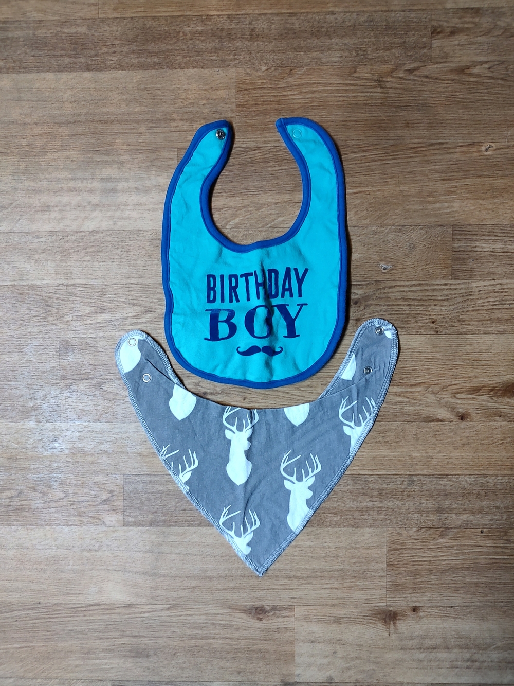 Blue "Birthday Boy" Baby Bib & Gray Deer Bandana Duo